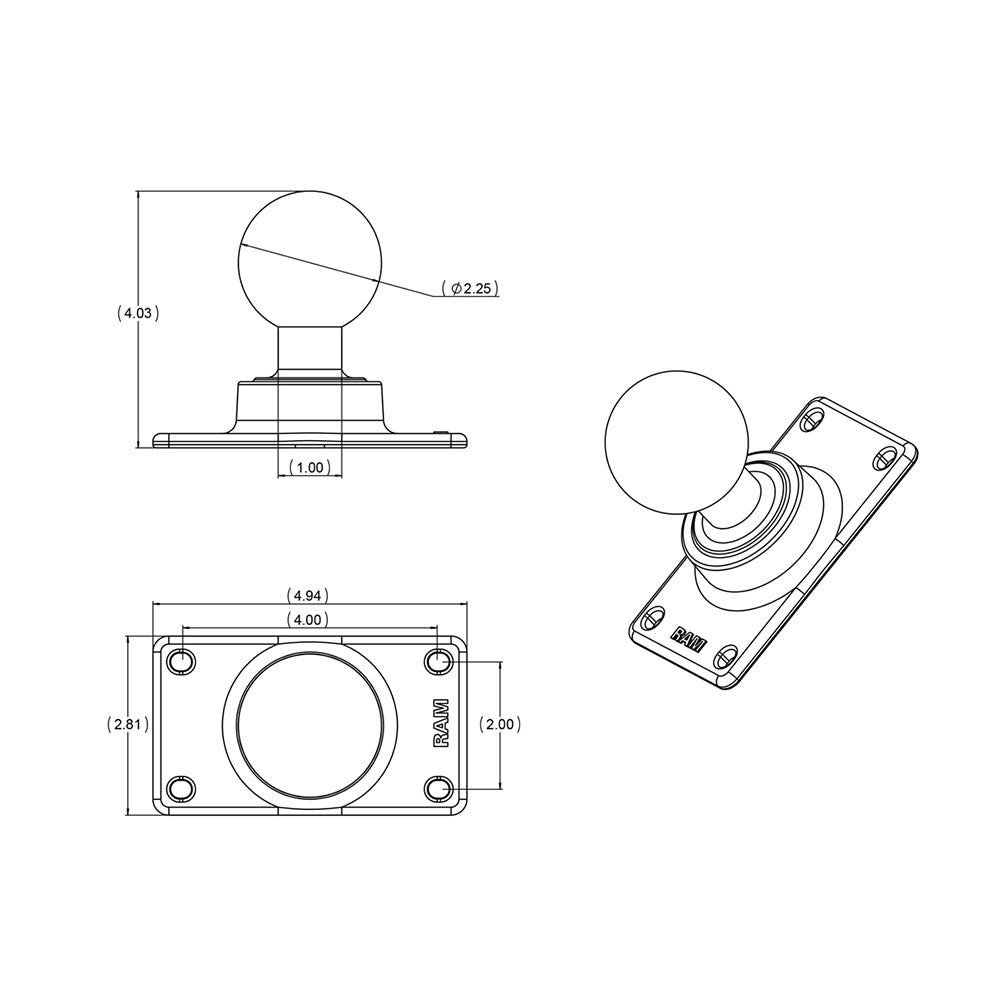 RAM Mount 50mm x 100mm Half VESA Plate Adapter wD Size 225 Ball RAMD243U