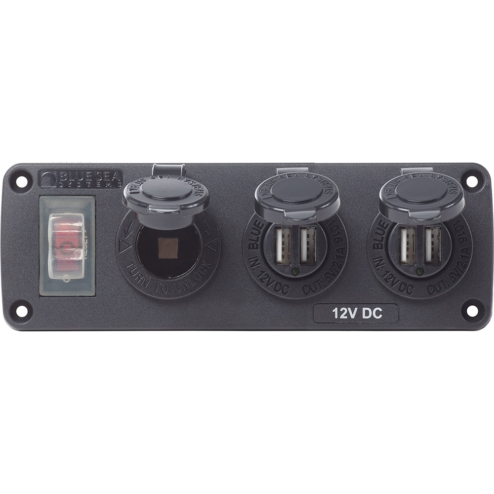 Blue Sea 4365 Water Resistant USB Accessory Panel 15A Circuit Breaker 12V Socket 2x 21A Dual USB Chargers 4365