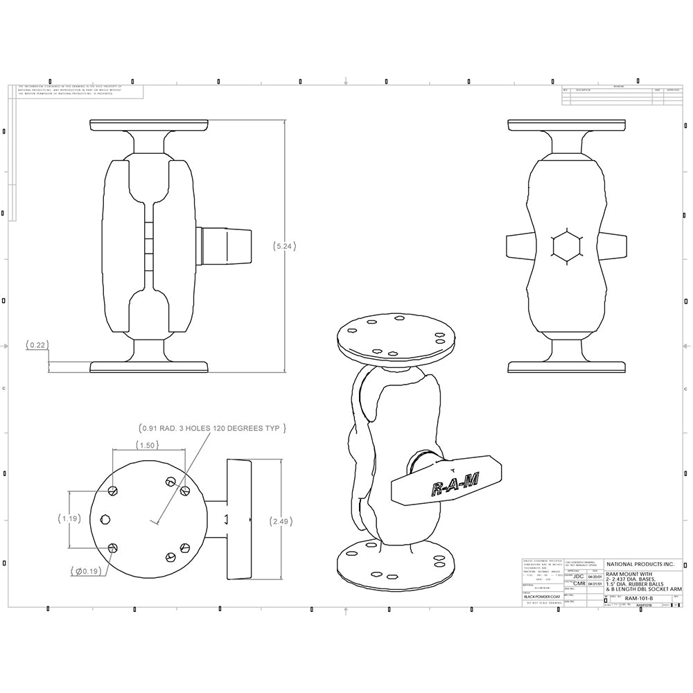 RAM Mount 15 Ball Mount wShort Double Socket Arm  225 Round Bases RAM101UB