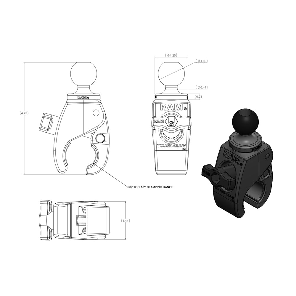 RAM Mount Small ToughClaw w1 Rubber Ball RAPB400U