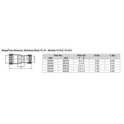 Viega MegaPress 1 x 34 Stainless Steel 304 Reducer  Double Press Connection  Smart Connect Technology 95340