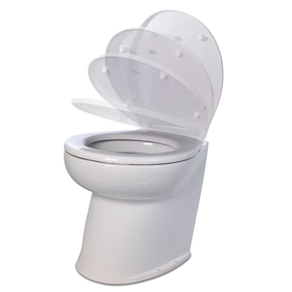 Jabsco Deluxe Flush 14 Angled Back 12V Raw Water Electric Marine Toilet wRemote Rinse Pump  Soft Close Lid 582603012