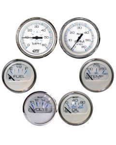 Faria Chesapeake White w/Stainless Steel Bezel Boxed Set of 6 - Speed, Tach, Fuel Level, Voltmeter, Water Temperature & Oil PSI