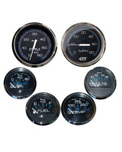 Faria Box Set of 6 Gauges - Speed, Tach, Fuel Level, Voltmeter, Water, Temp & Oil PSI - Chesapeake Black w/Stainless Steel Bezel