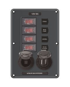 Blue Sea 4321 Circuit Breaker Switch Panel 4 Position - Gray w/12V Socket & Dual USB